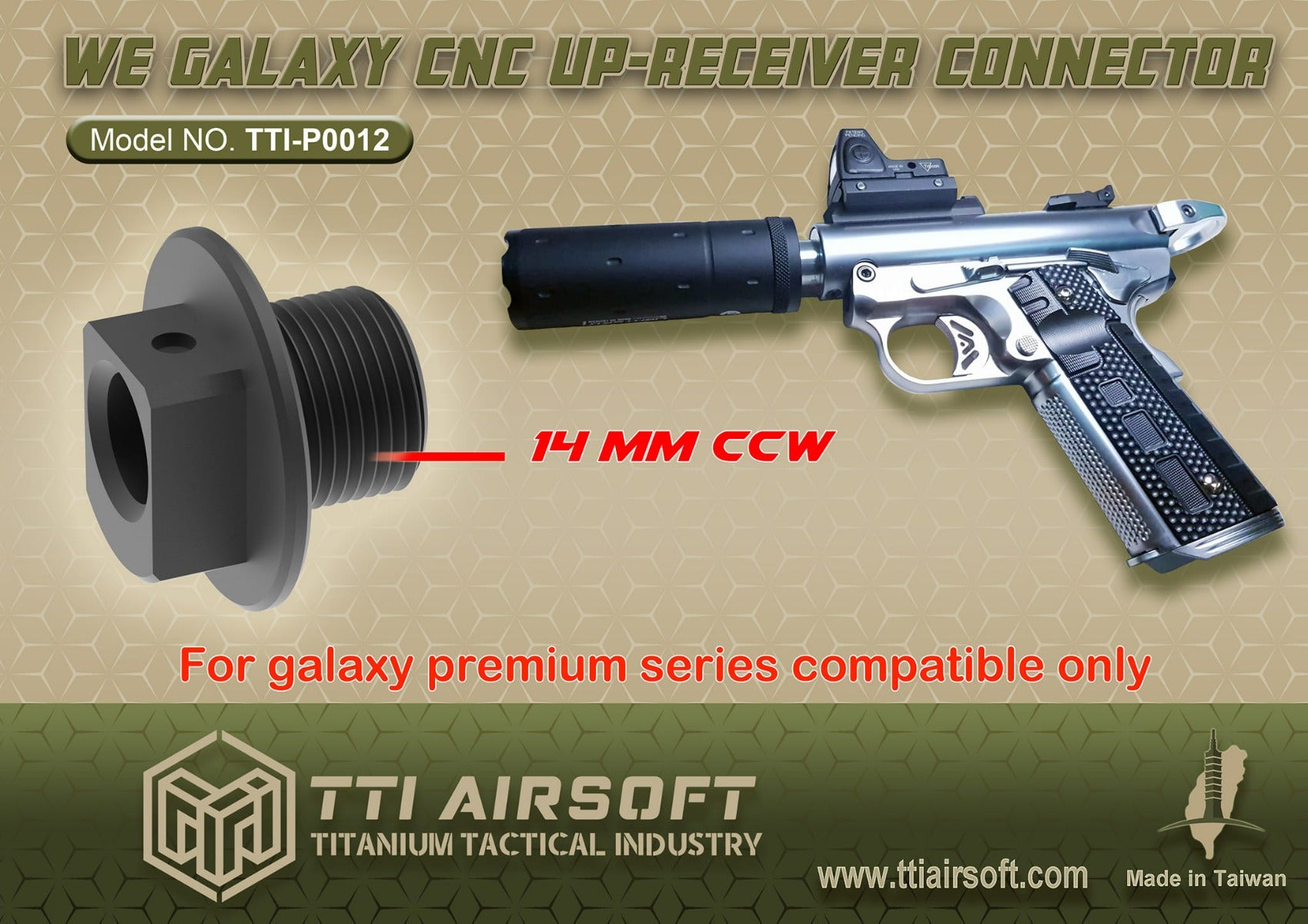 TTI Airsoft CNC Up-Receiver Connector For WE Galaxy Premium GBB Pistol Airsoft ( 14mm CCW )
