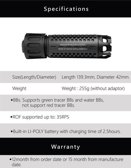 Acetech Predator MKIII Dummy Suppressor M14 CCW with Blaster M Tracer Inside ( Black ) ( Flame Effect )