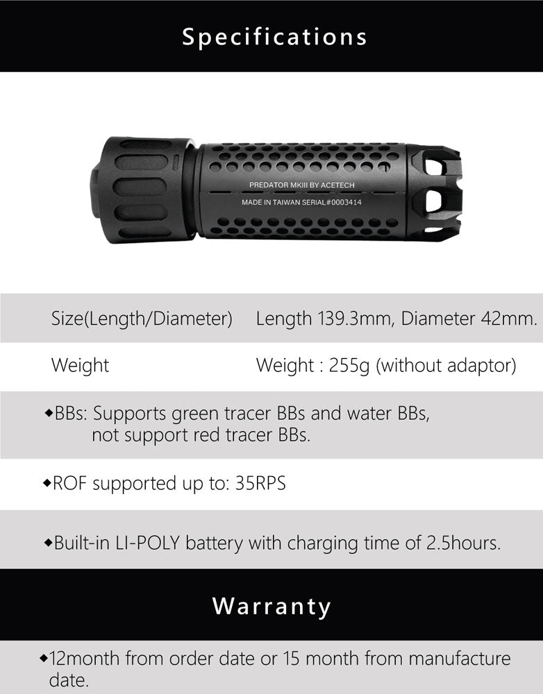 Acetech Predator MKIII Dummy Suppressor M14 CCW with Blaster M Tracer Inside ( Black ) ( Flame Effect )