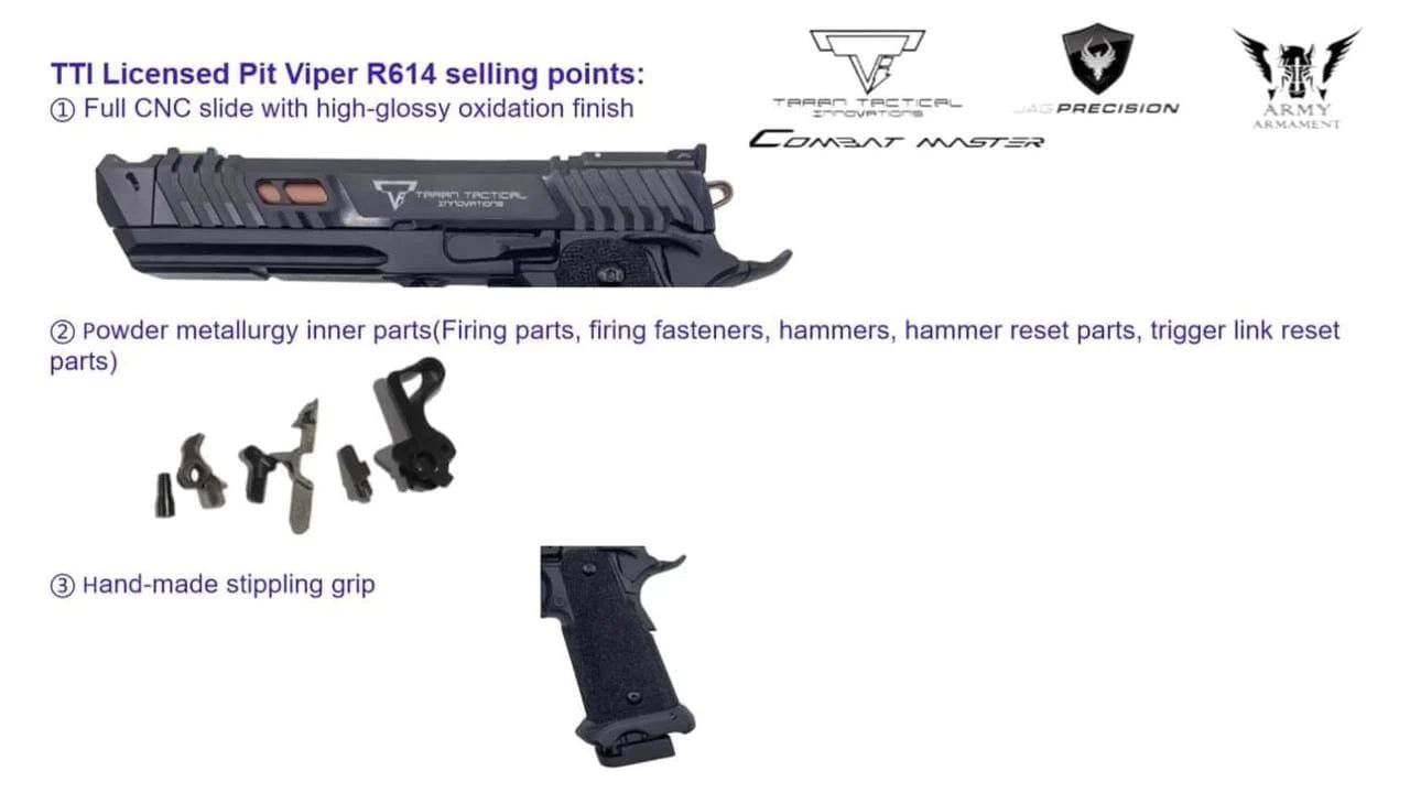 ARMY TTI Licensed JW4 Pit Viper CNC Aluminum 7075 Slide Hi-Capa GBB Pistol Airsoft  ( Steel Internal Parts Version ) ( Black R614 ) ( Licensed by Taran Tactical Innovations ) ( John Wick )