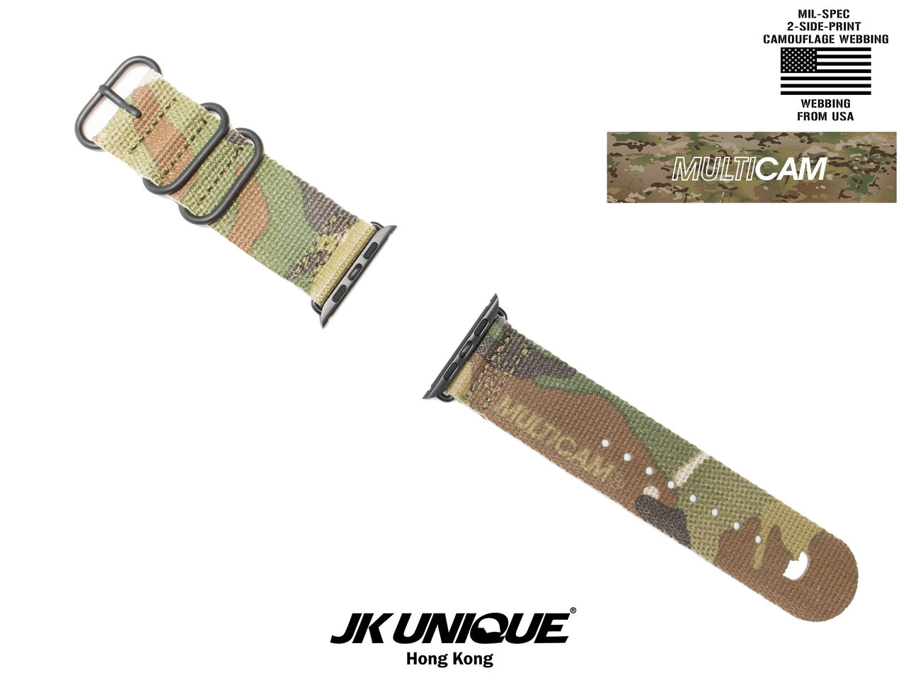 JK UNIQUE CAMO NYLON Apple Watch Strap 42mm Black Buckle - Multicam