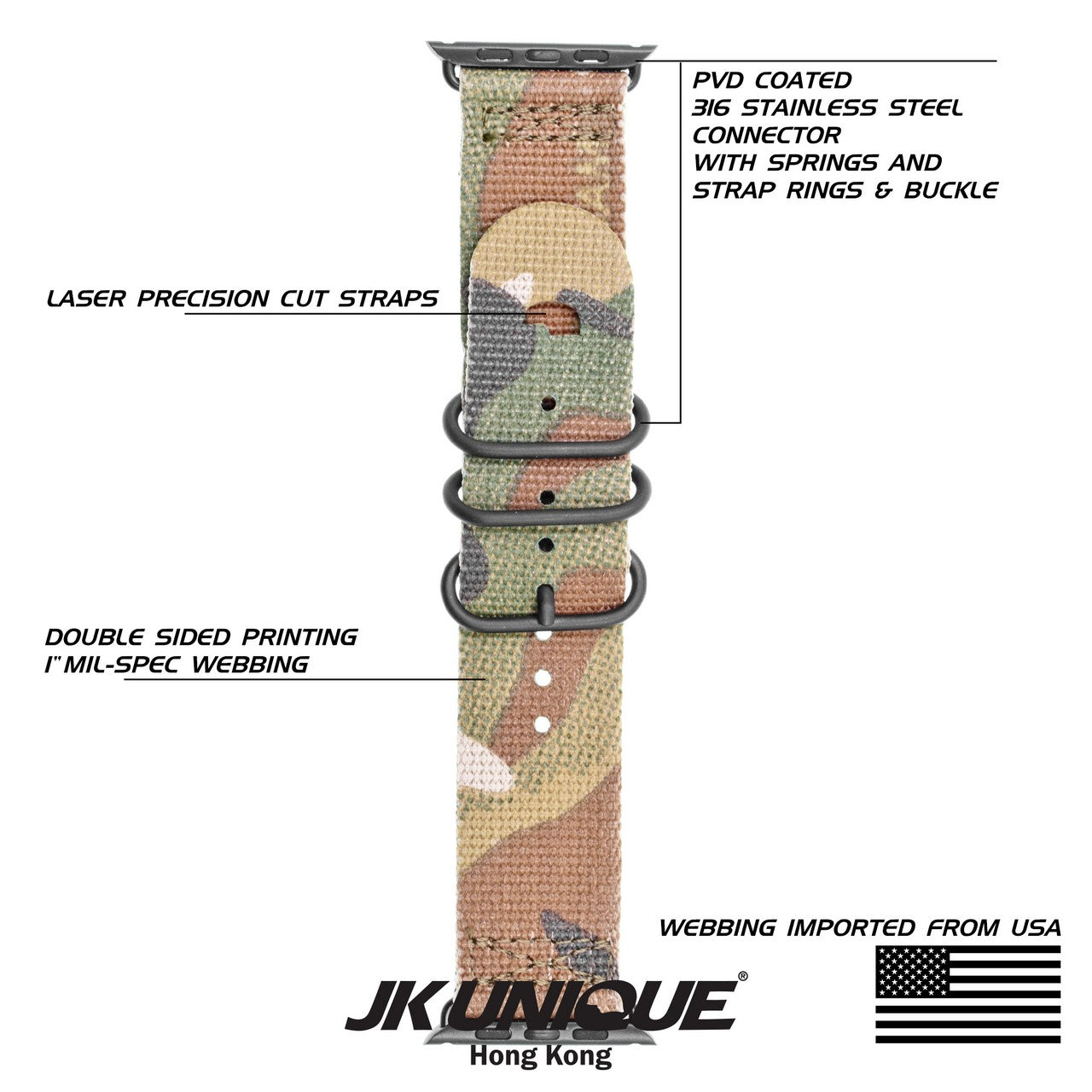 JK UNIQUE CAMO NYLON Apple Watch Strap 42mm Black Buckle - Multicam