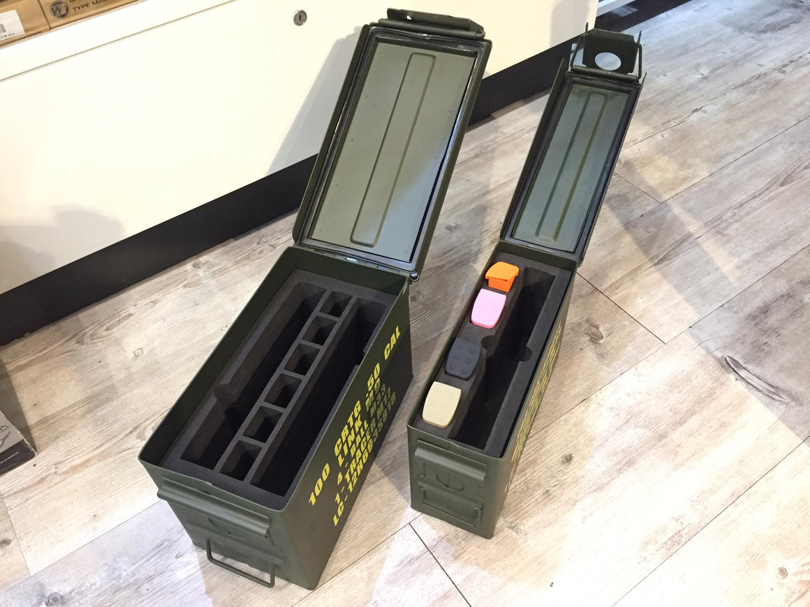 Metal .50 CAL Ammo Can Box Storage Airtight & Waterproof Stackable Storage for Pistol Case ( 2 Pistol & 6 Magazine )