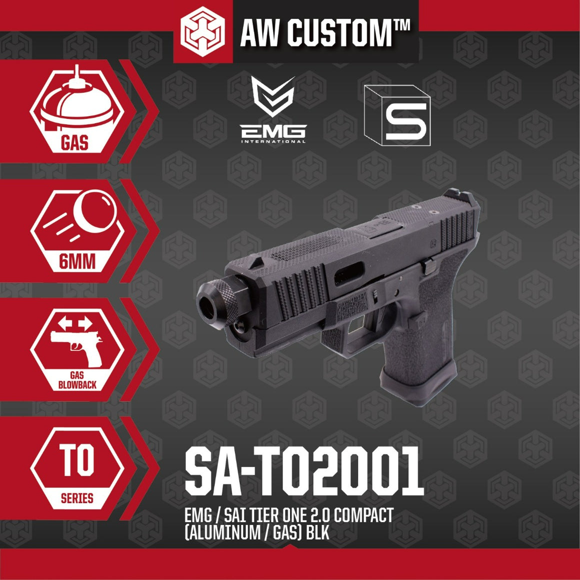 EMG SAI BLU Tier One 2.0 Compact GBB Pistol Airsoft ( Aluminum / Green Gas Type ) ( Black ) #SA-TO2001