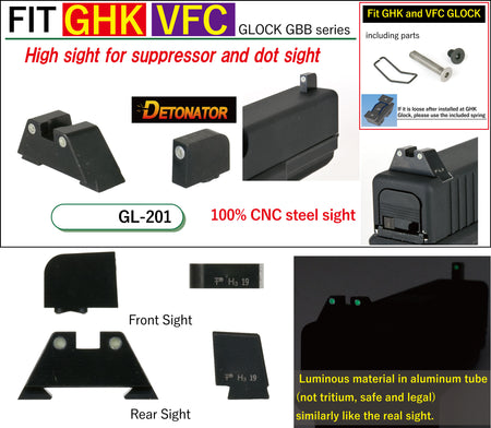 Detonator Tri Style GL-201 Type Steel High Sight for GHK and VFC Glock GBB Pistol Series