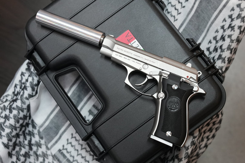 Sirius Custom Stainless Steel Beretta M84 GBB Pistol Airsoft with Aluminum Dummy Suppressor & Carrying Case ( Limited Edition ) < Pre-Order ETA July 2026 >