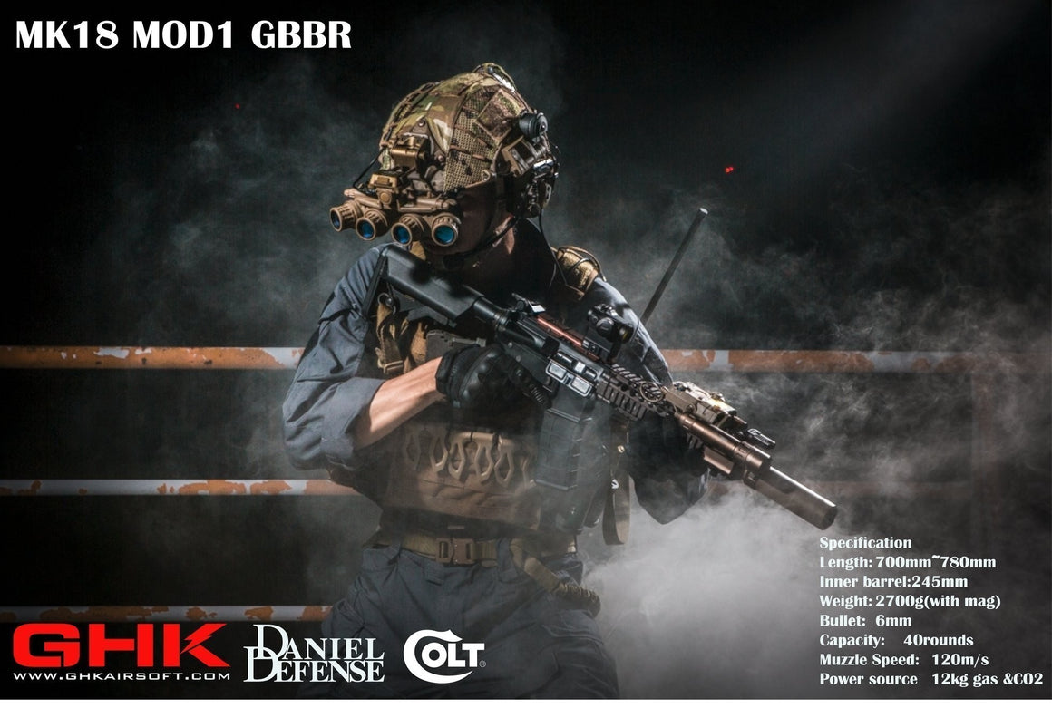GHK Colt MK18 MOD1 GBB Rifle Airsoft ( Forging Receiver 2022 Version ) ( Original Authorization by Colt and Daniel Defense GHK M4 V2 System )