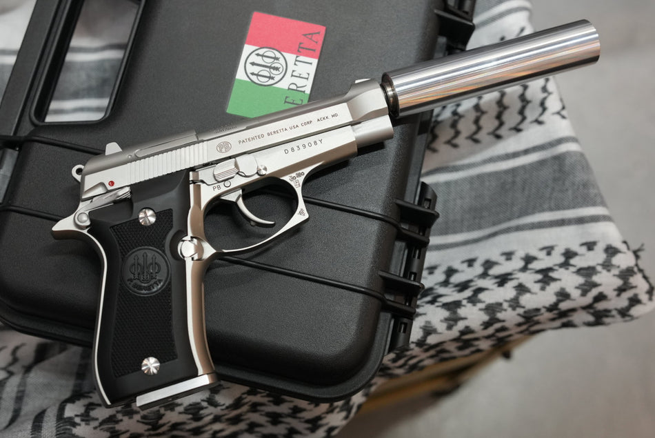 Sirius Custom Stainless Steel Beretta M84 GBB Pistol Airsoft with Aluminum Dummy Suppressor & Carrying Case ( Limited Edition ) < Pre-Order ETA July 2026 >