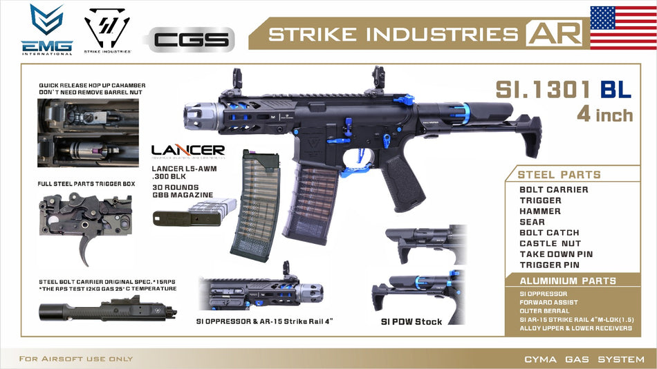 EMG Strike Industries SI AR Strike Oppressor 4" Short Barrel MWS GBB Rifle Airsoft ( by CGS ) ( Black / Blue )