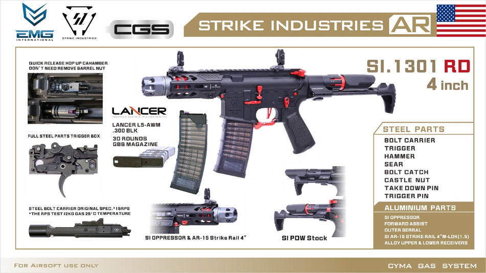 EMG Strike Industries SI AR Strike Oppressor 4" Short Barrel MWS GBB Rifle Airsoft ( by CGS ) ( Black / Red )