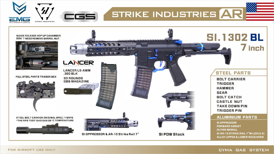 EMG Strike Industries SI AR Strike Oppressor 7" PDW MWS GBB Rifle Airsoft ( by CGS ) ( Black / Blue )