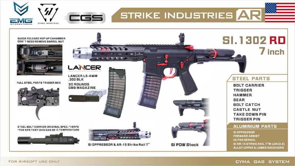 EMG Strike Industries SI AR Strike Oppressor 7" PDW MWS GBB Rifle Airsoft ( by CGS ) ( Black / Red )