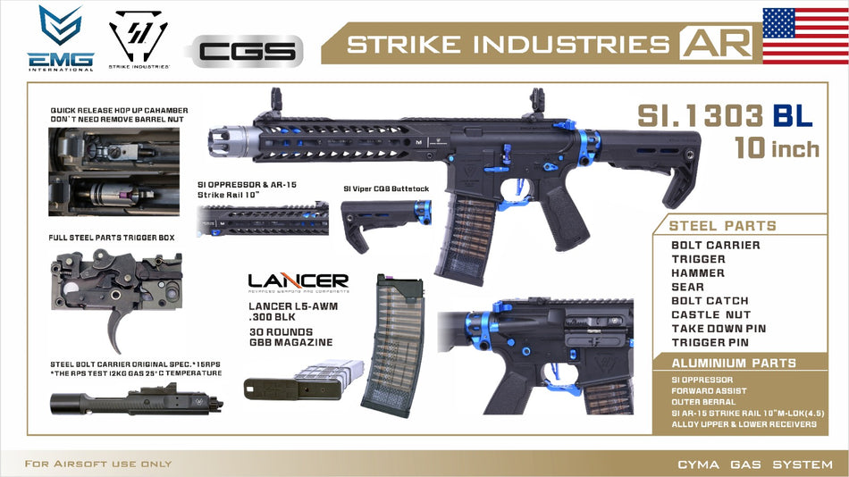 EMG Strike Industries SI AR Strike Oppressor 10" MWS GBB Rifle Airsoft ( by CGS ) ( Black / Blue )
