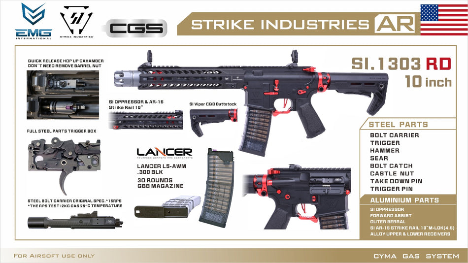 EMG Strike Industries SI AR Strike Oppressor 10" MWS GBB Rifle Airsoft ( by CGS ) ( Black / Red )