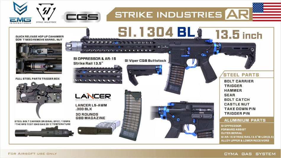EMG Strike Industries SI AR Strike Oppressor 13.5" MWS GBB Rifle Airsoft ( by CGS ) ( Black / Blue )