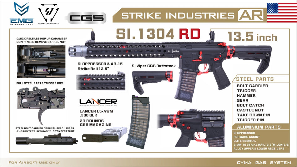 EMG Strike Industries SI AR Strike Oppressor 13.5" MWS GBB Rifle Airsoft ( by CGS ) ( Black / Red )