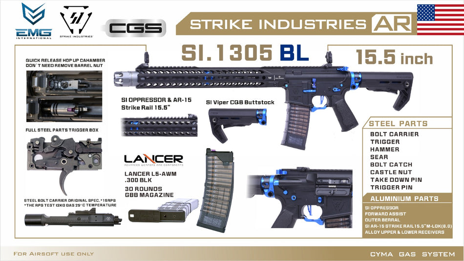 EMG Strike Industries SI AR Strike Oppressor 15.5" MWS GBB Rifle Airsoft ( by CGS ) ( Black / Blue )