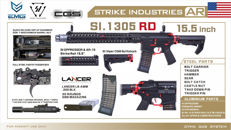EMG Strike Industries SI AR Strike Oppressor 15.5" MWS GBB Rifle Airsoft ( by CGS ) ( Black / Red )