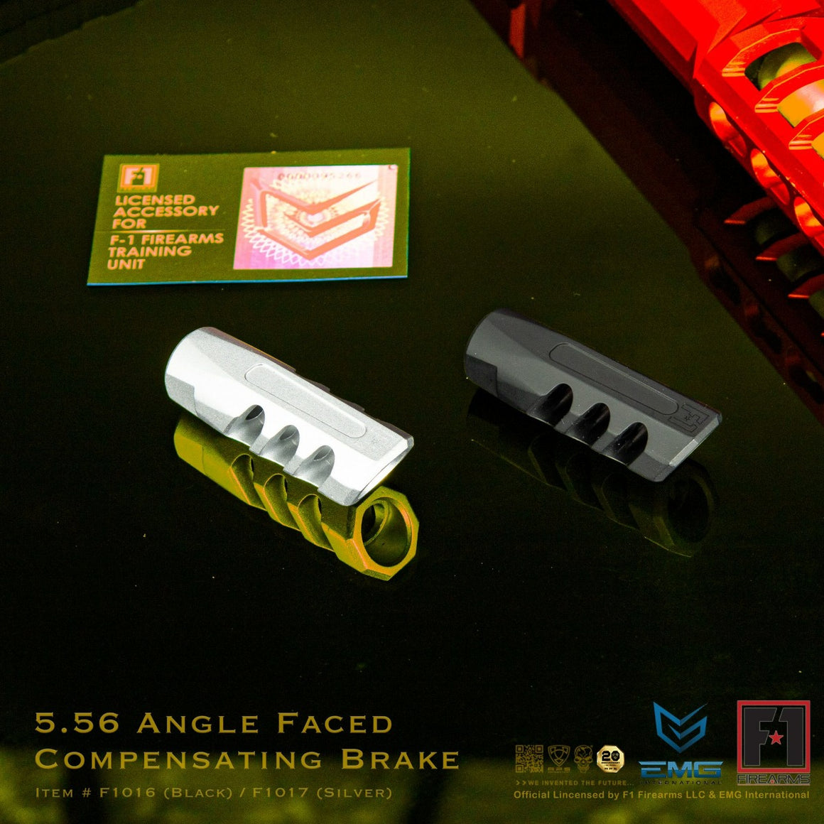 EMG F-1 Firearms Licensed 5.56 Angle Faced Compensating Brake Flash Hider 14mm CCW ( by APS )-Silver