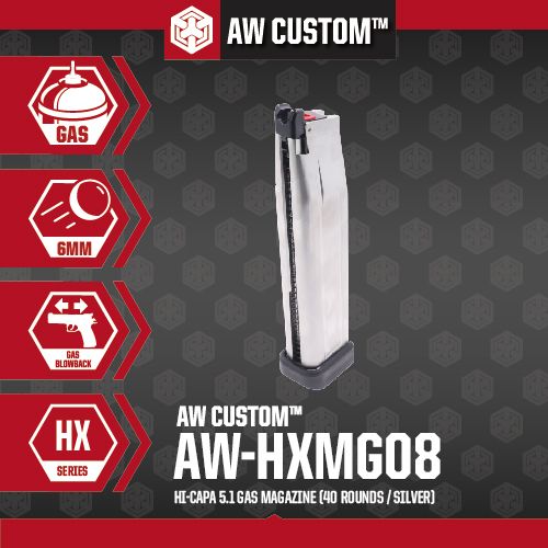 AW Custom 5.1 40 Rounds Gas Magazine For AW / WE Hi-Capa GBBP Series ( Black / Silver ) -Silver
