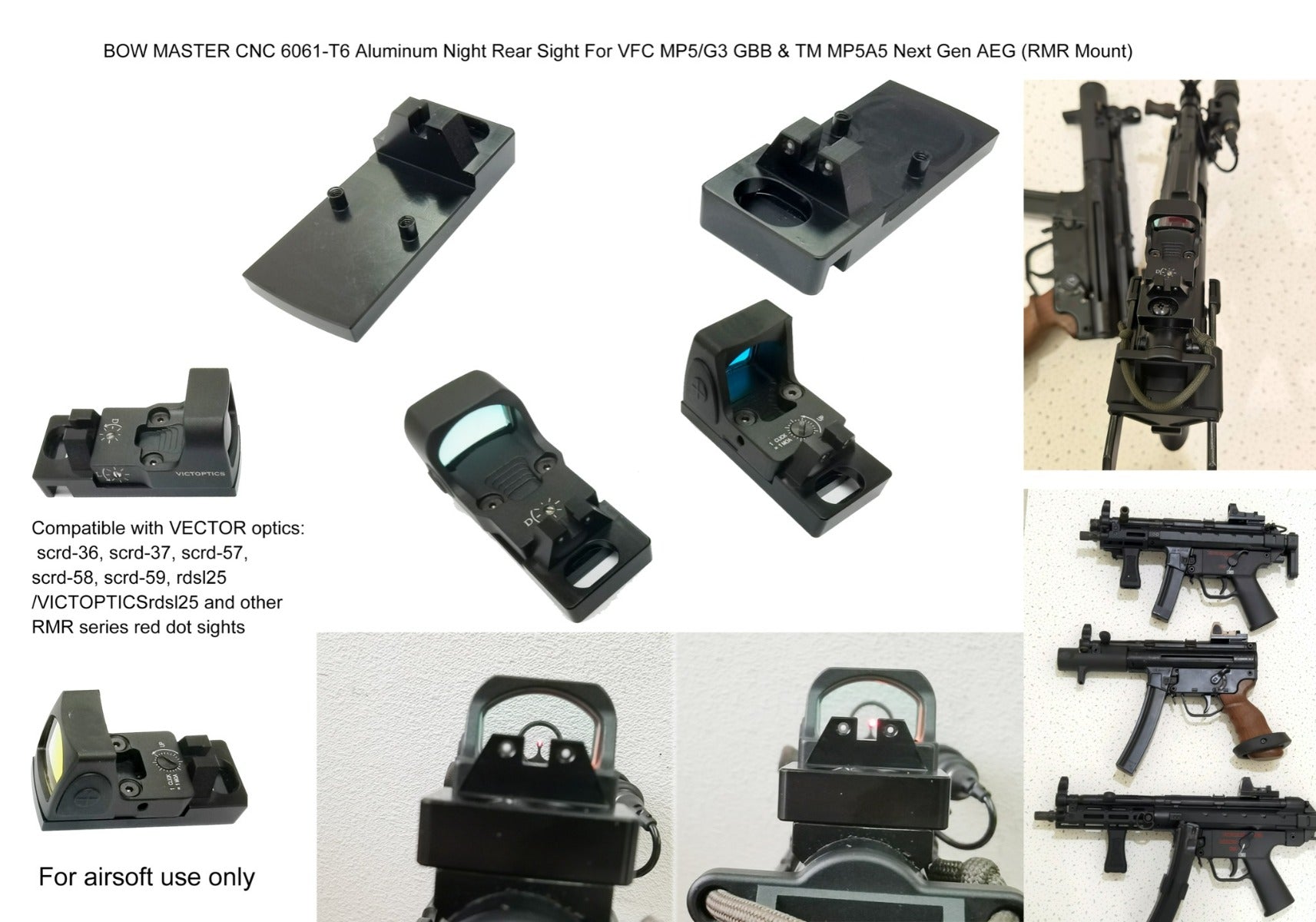 Bow Master Night Rear Sight RMR Mount For Umarex / VFC HK53 / MP5 / G3 GBB & TM MP5A5 Next Gen AEG