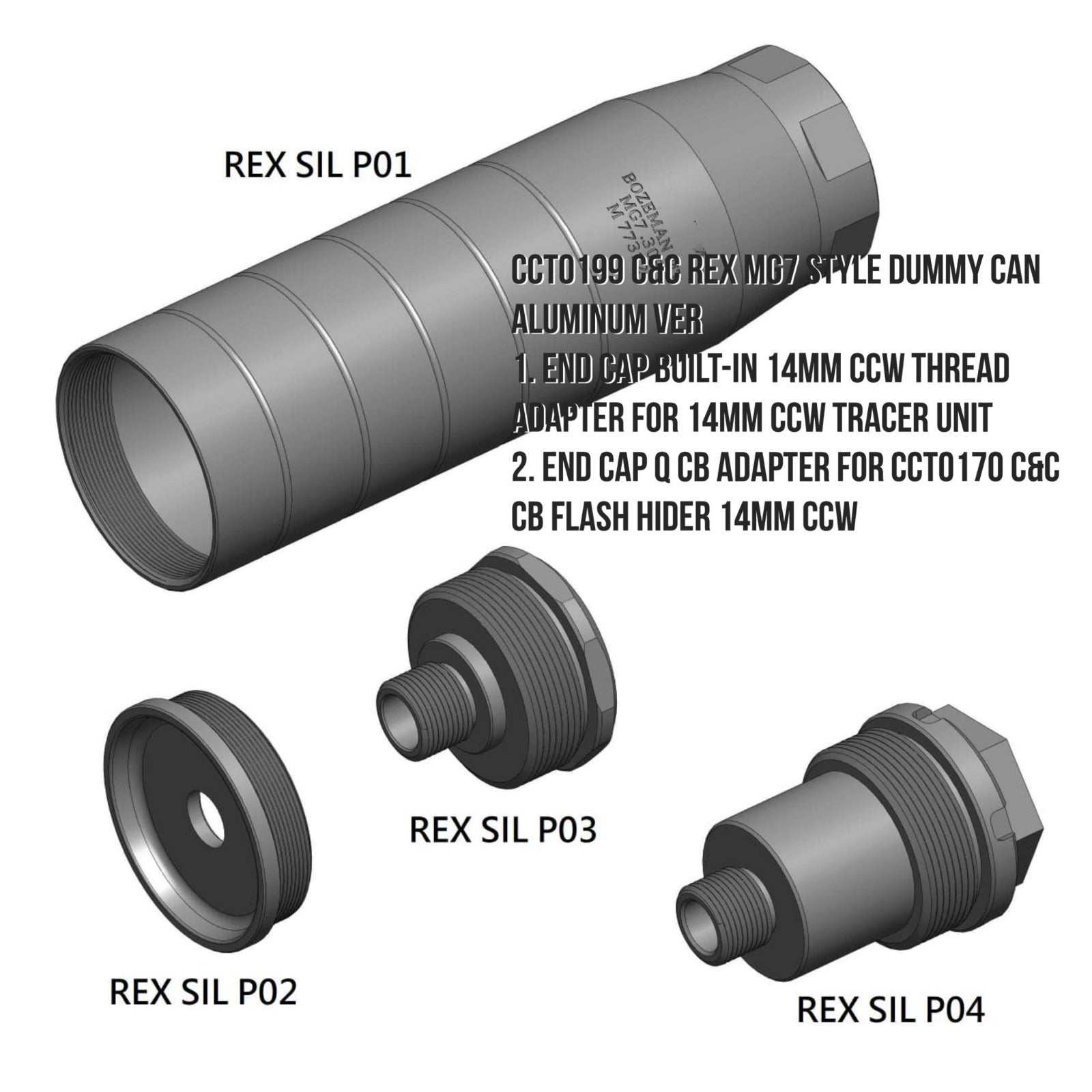 C&C Tac Rex MG7 Style Dummy Barrel Extension / Tracer Adapter For Airsoft ( End Cap Q CB Adapter For CCT0170 C&C Tac CB Flash Hider 14mm CCW Thread )