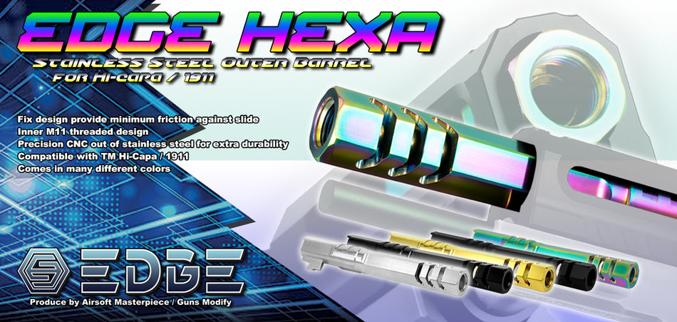 EDGE HEXA Stainless Steel Outer Barrel for Marui TM Hi-Capa 5.1 / 1911 GBBP Series-Silver