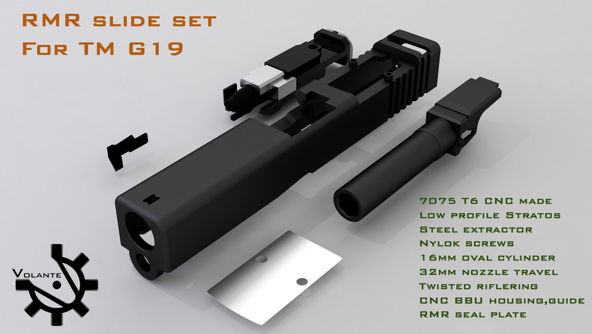 Volante CNC 7075 Aluminum 19 RMR Cut Slide with BBU for Tokyo Marui TM G19 GBBP Series ( Black )