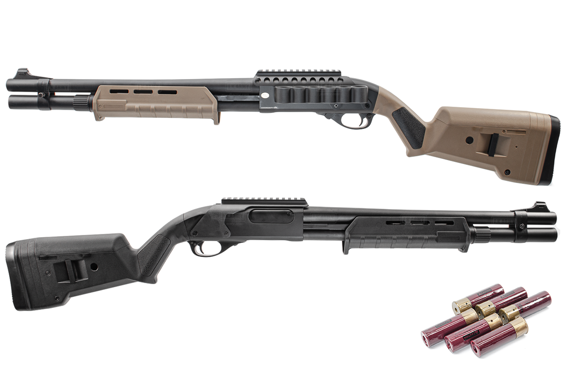 Golden Eagle M870 MP M-LOK Style with Shell Holder Gas Pump Action Airsoft Shotgun ( 3 / 6 Rounds Shooting Mode ) ( Black / Tan )-Tan