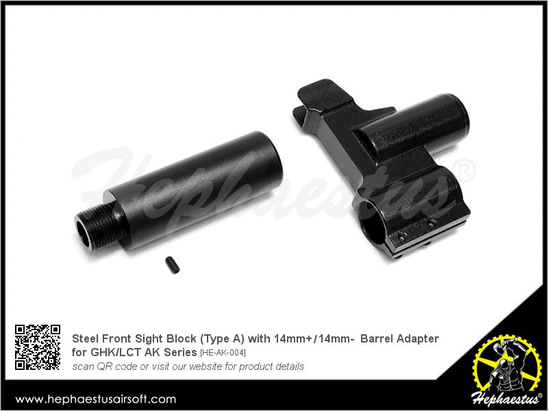 Hephaestus Steel Front Sight Block (Type A) with 14mm Barrel Adapter for GHK / LCT AK Series-14mm Counter-Clockwise - ( 14CCW )