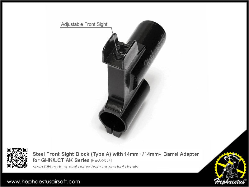 Hephaestus Steel Front Sight Block (Type A) with 14mm Barrel Adapter for GHK / LCT AK Series-14mm Counter-Clockwise - ( 14CCW )
