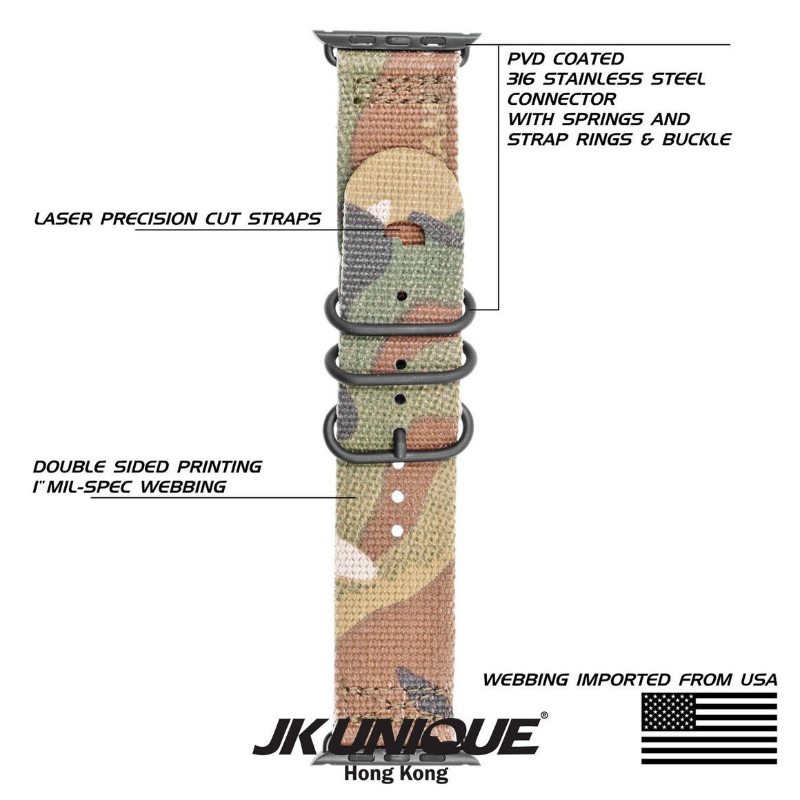 JK UNIQUE CAMO NYLON Apple Watch Strap 42mm Black Buckle - Multicam