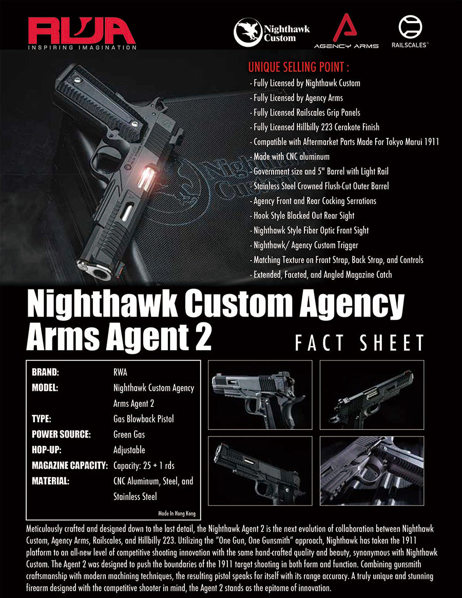 RWA NIGHTHAWK CUSTOM AGENT 2 GBB Pistol ( CERAKOTE Black ) ( TM 1911 System ) ( Limited Edition )