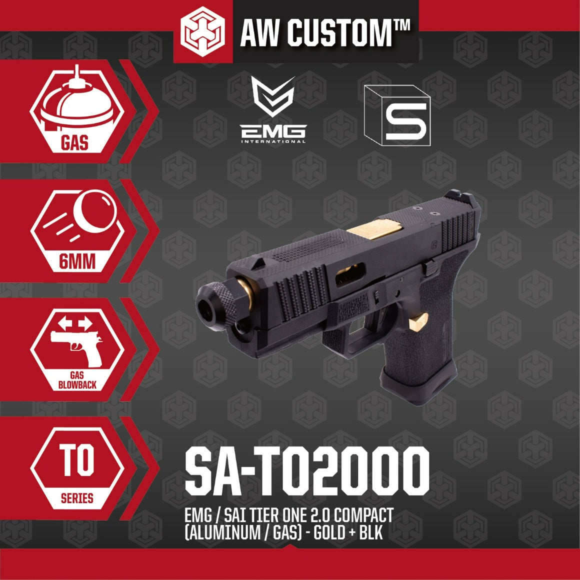 EMG SAI BLU Tier One 2.0 Compact GBB Pistol Airsoft ( Aluminum / Green Gas Type ) ( Gold & Black ) #SA-TO2001