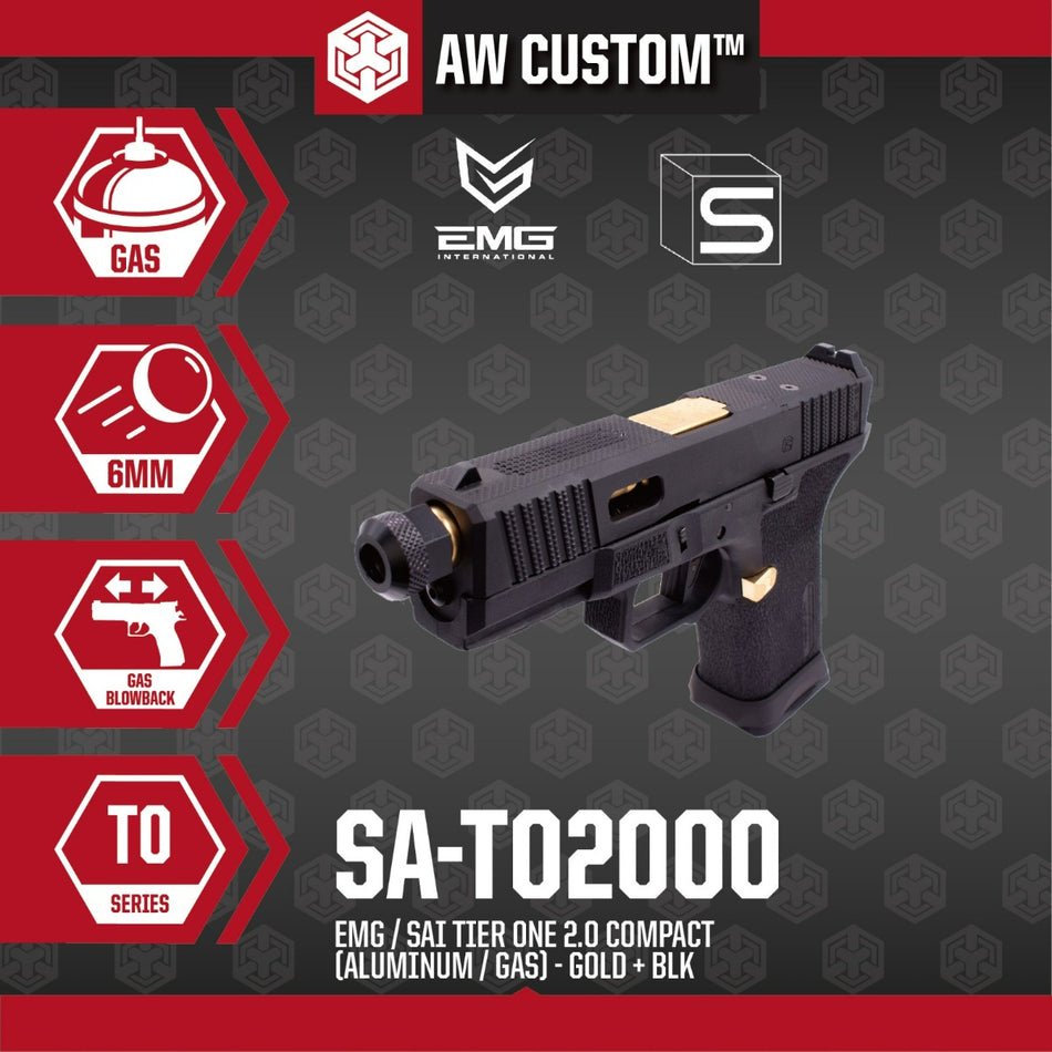 EMG SAI BLU Tier One 2.0 Compact GBB Pistol Airsoft ( Aluminum / Green Gas Type ) ( Gold & Black ) #SA-TO2001