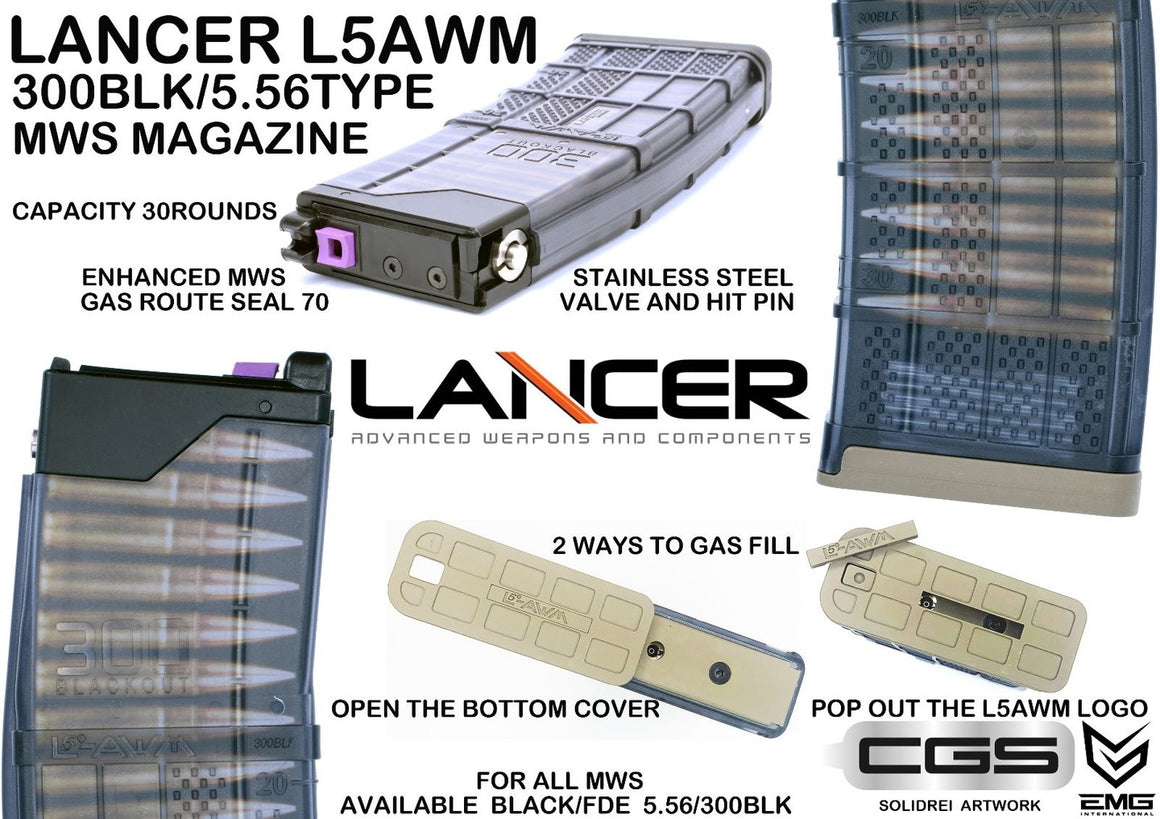 EMG Lancer System Licensed L5-AWM 300BLK 30 Rounds Gas Magazine For Marui TM MWS GBBR Series ( FDE ) ( by CGS )