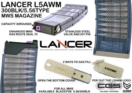 EMG Lancer System Licensed L5-AWM 300BLK 30 Rounds Gas Magazine For Marui TM MWS GBBR Series ( FDE ) ( by CGS )