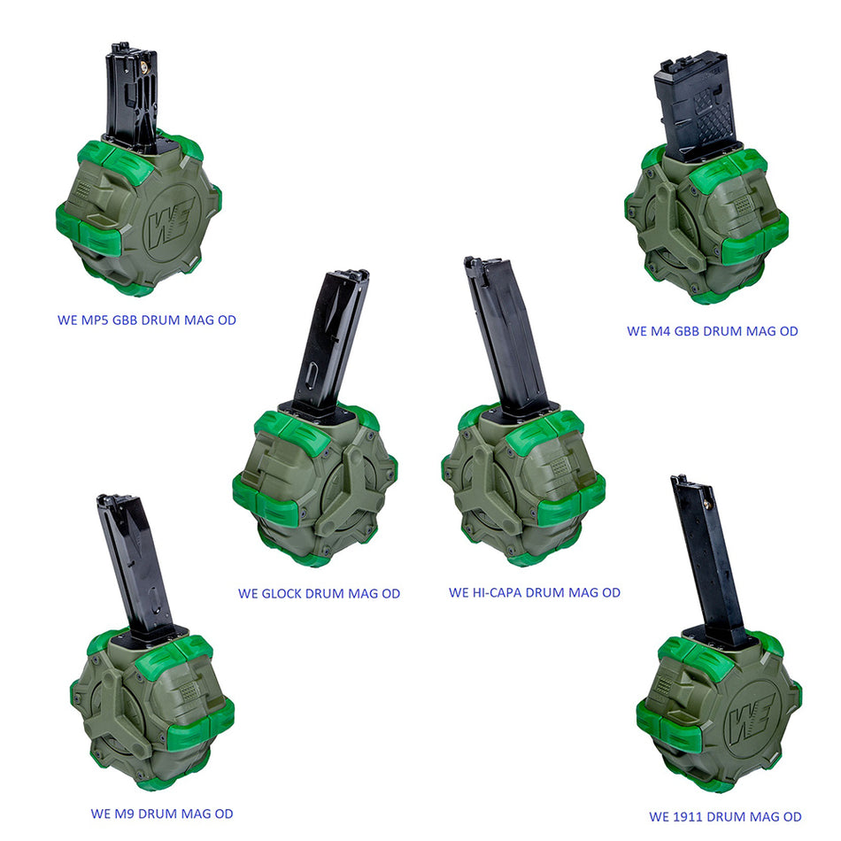 WE Drum Magazine 350 Rds OD for AW VX / WE G-Series / Hi-Capa / 1911 / M9 / AR M4 416 / MP5-WE MP5 Series