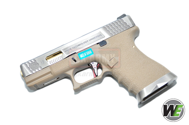 WE Custom Model 19 Pistol Airsoft T4 ( SV SLIDE / GD BARREL / TAN FRAME )