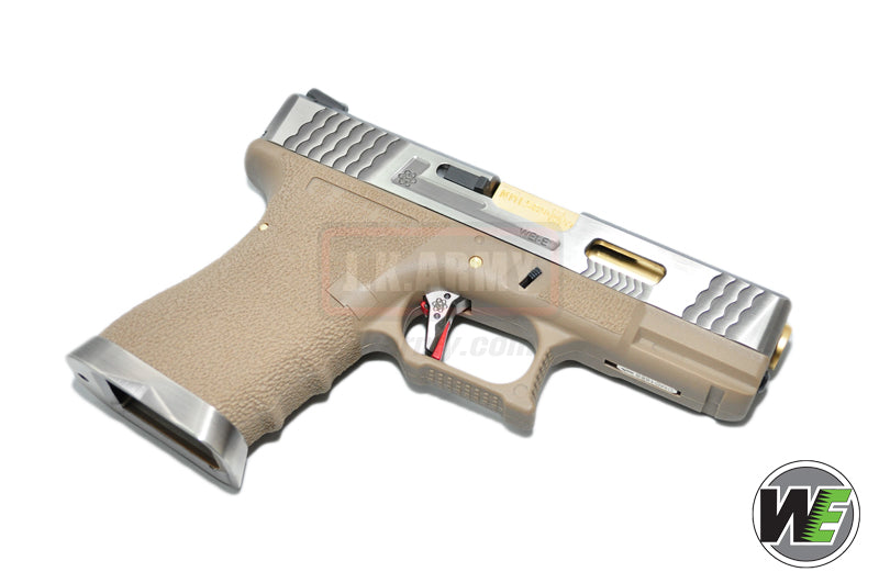 WE Custom Model 19 Pistol Airsoft T4 ( SV SLIDE / GD BARREL / TAN FRAME )