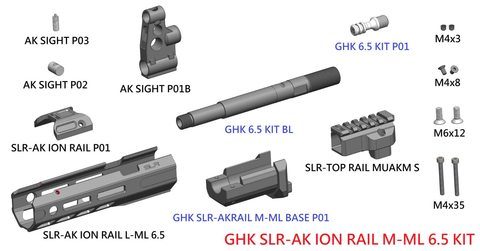 SLR Airsoftworks 6.5” Light M-LOK EXT Extended Handguard Rail Full Kit for GHK AKM GBBR Series ( Black ) ( by DYTAC )